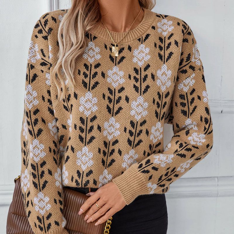 Flower Jacquard Crew Neck -pullover gebreide trui